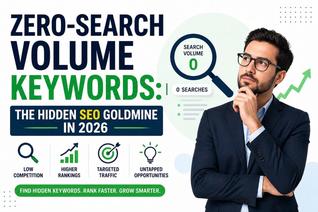 Illustration showing hidden SEO opportunities with zero-search volume keywords and rising traffic growth in 2026